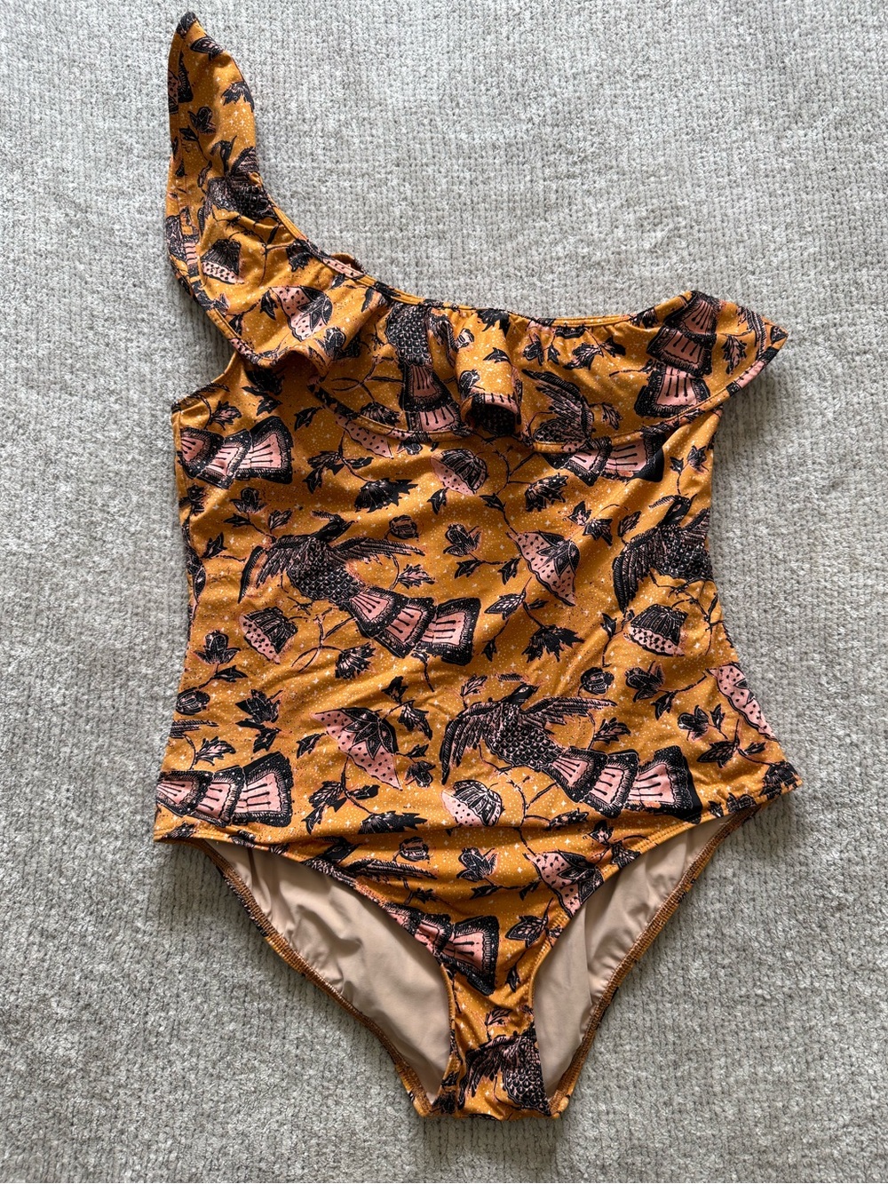 Ulla Johnson One Shoulder Swimsuit Large Ruffle Bird Print Orange Boho‎